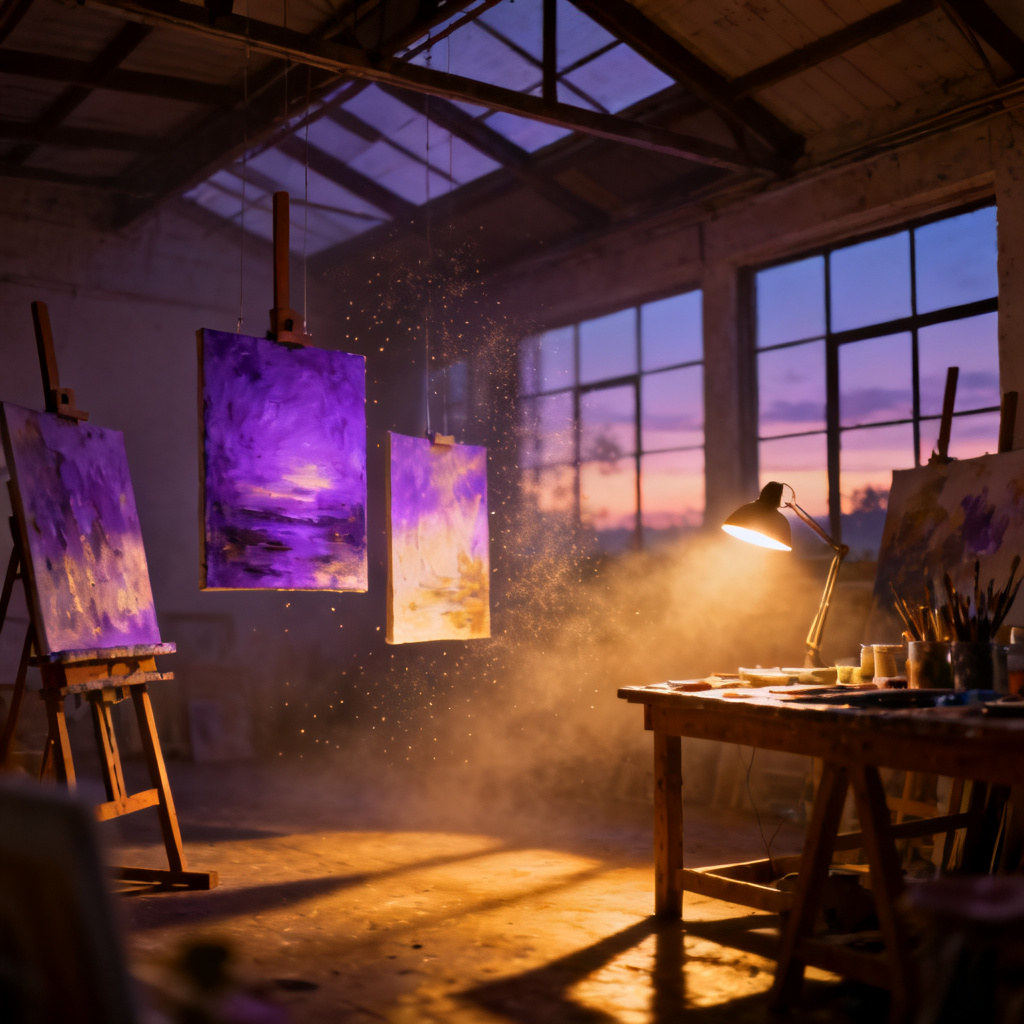 Painter's loft, dusk — rendered on Reelynth